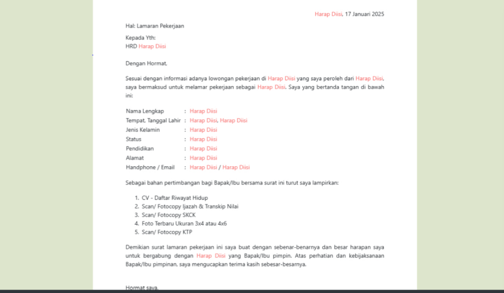 Contoh Surat Lamaran Kerja