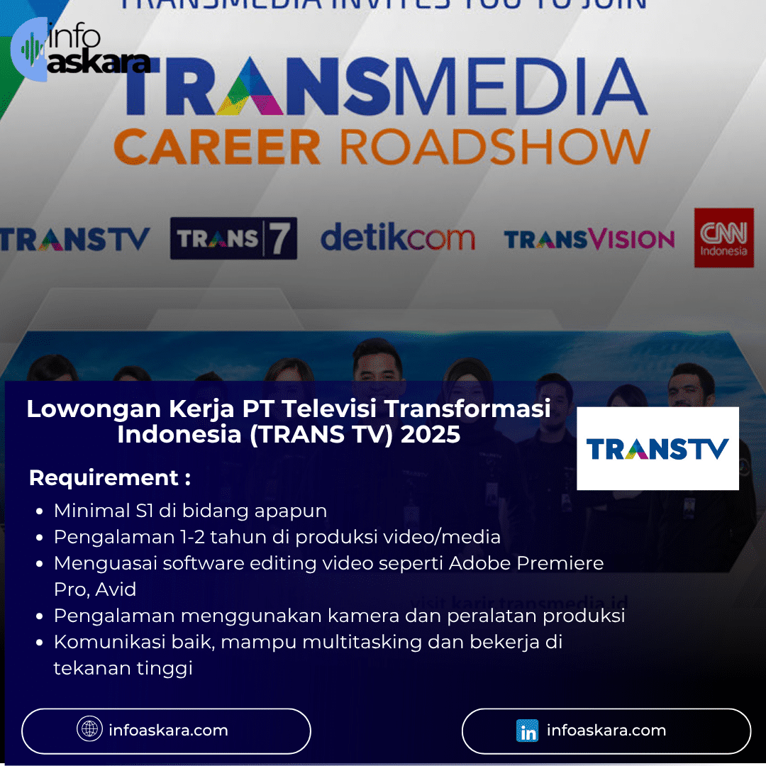 Home 14 Lowongan kerja PT TRANS TV 2025: Account Executive, HC Mobile, Production Assistant & Creative TV.
